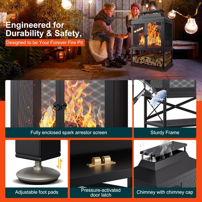 Outdoor Fireplace 39 Inch Rectangular Wood Burning Fire Pit with Grill, Spark Screen & Poker