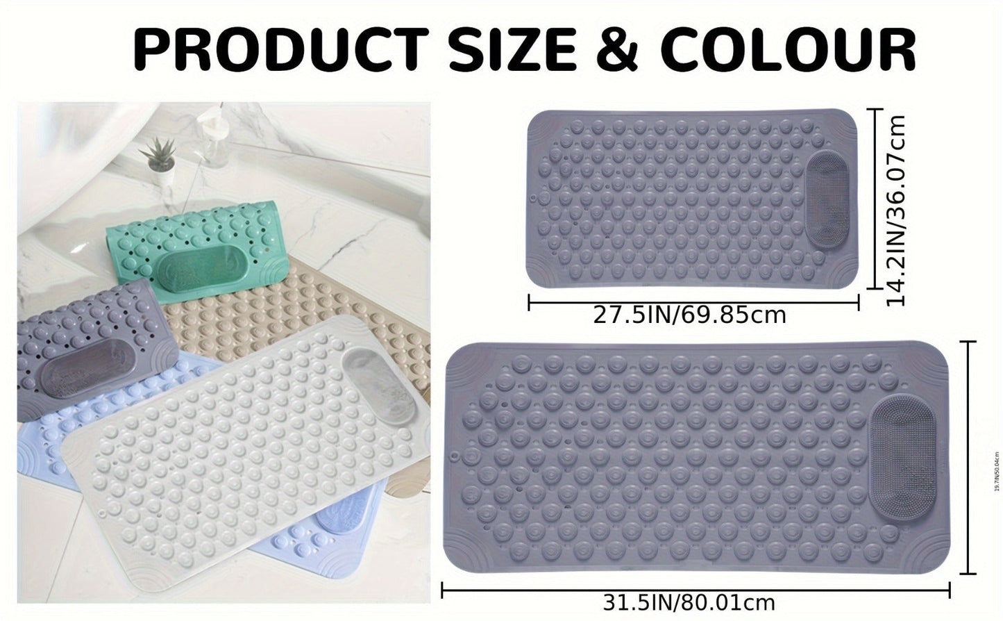 Textured Shower Bath Mat in 14.2 x 27.5 or 19.7 x 31.5-Inch Sizes and Six Color-and-Size Combinations