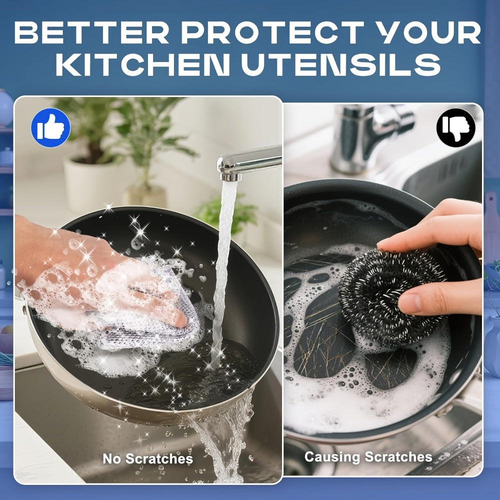Stainless Steel Kitchen Scrubber Wire Cleaning Cloth Scratch Resistant Reusable Dish for Home Cooking, Dining and Outdoor Meals