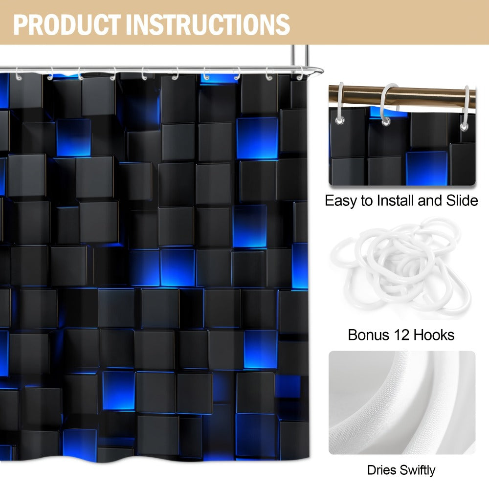 Shower Curtain Set with 12 Hooks & Toilet Seat Cover, 4-Piece Bathroom Set Dark Blue Geometric Abstract Cube Pattern