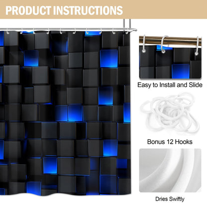 Shower Curtain Set with 12 Hooks & Toilet Seat Cover, 4-Piece Bathroom Set Dark Blue Geometric Abstract Cube Pattern