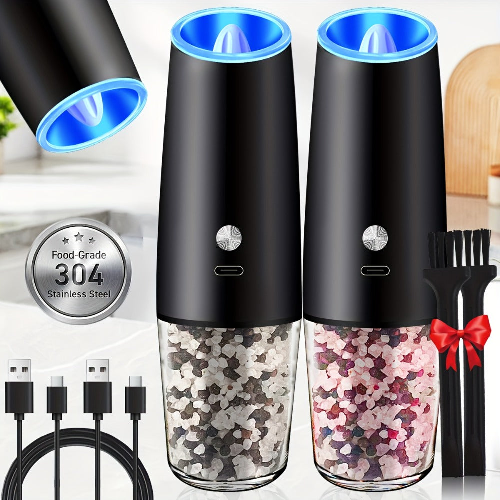 2pcs USB Rechargeable Electric Salt and Pepper Grinder Set with LED Light & Adjustable Coarseness