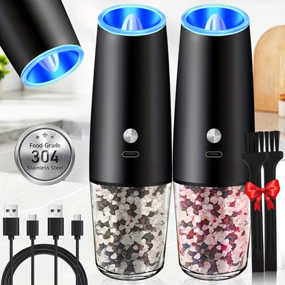 2pcs USB Rechargeable Electric Salt and Pepper Grinder Set with LED Light & Adjustable Coarseness