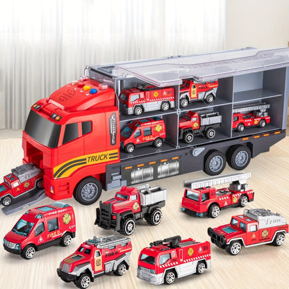 Fire Truck Toy Set for Kids Ages 3-6, Die-Cast Metal Carrier Truck with Play Mat, Emergency Vehicle Collection