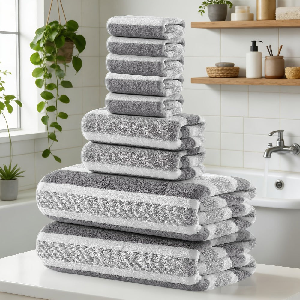 Towel Set 9 or 15 Piece 320GSM Coral Fleece Striped Mix in Five Solid or Mixed Colors for Home and Guest Use