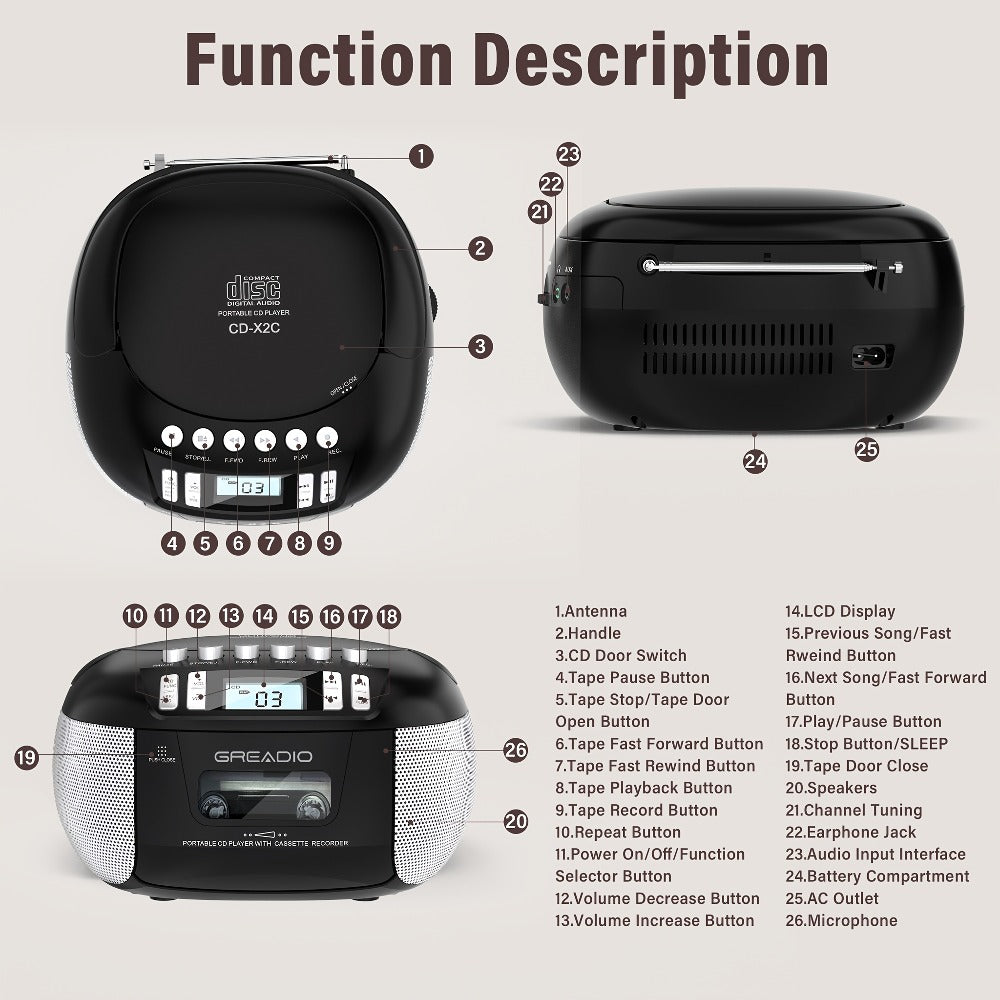 CD and Cassette Player Combo Boombox Portable AM FM Radio Tape Recording Stereo Sound for Bedside Audio, Alarms and Room Entertainment