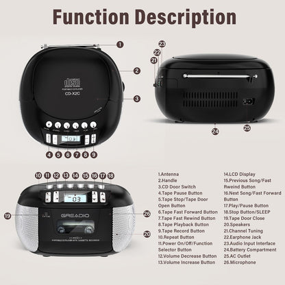 CD and Cassette Player Combo Boombox Portable AM FM Radio Tape Recording Stereo Sound for Bedside Audio, Alarms and Room Entertainment