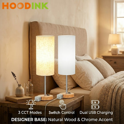 Table Lamp HOODINK with Cylindrical Shade, 3-Way Touch Dimming, USB-A, USB-C, AC Outlet and One or Two-Pack Options