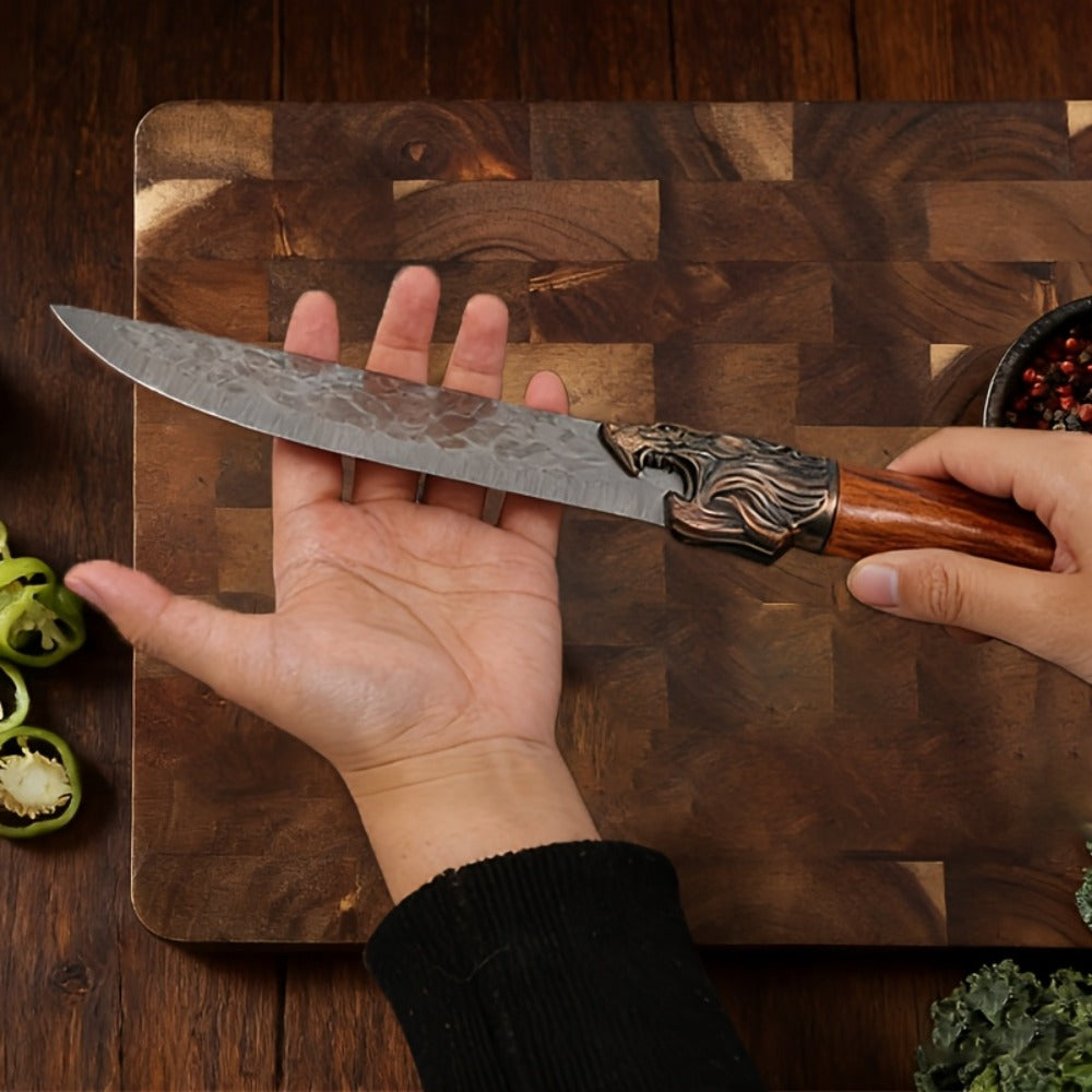 Seven-Piece Kitchen Knife Set with Six Hammered Silver Blades, Scissors and Wood-Look Handles