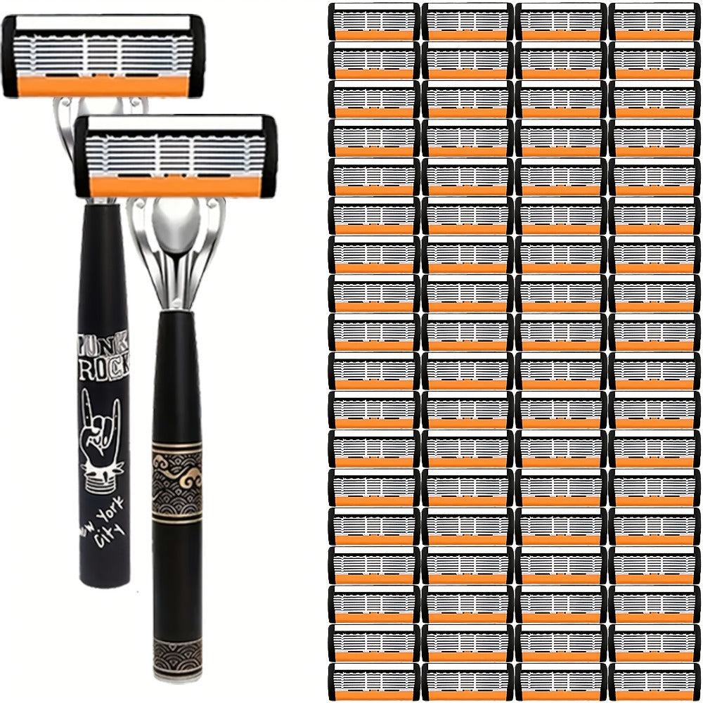 Safety Razor Kit 2 Handles 72 Double Edge Replacement Blades – Classic Wet Shaving Razor Set with Non-Slip Ergonomic Grip for Close Clean