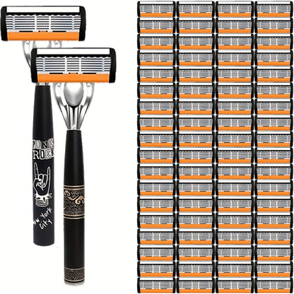Safety Razor Kit 2 Handles 72 Double Edge Replacement Blades – Classic Wet Shaving Razor Set with Non-Slip Ergonomic Grip for Close Clean