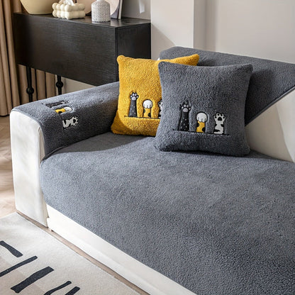 Sofa Cover, Sherpa Plush Cat-Paw Embroidered Seat Pad with Backing Detail in Four Colors and Seven Sizes