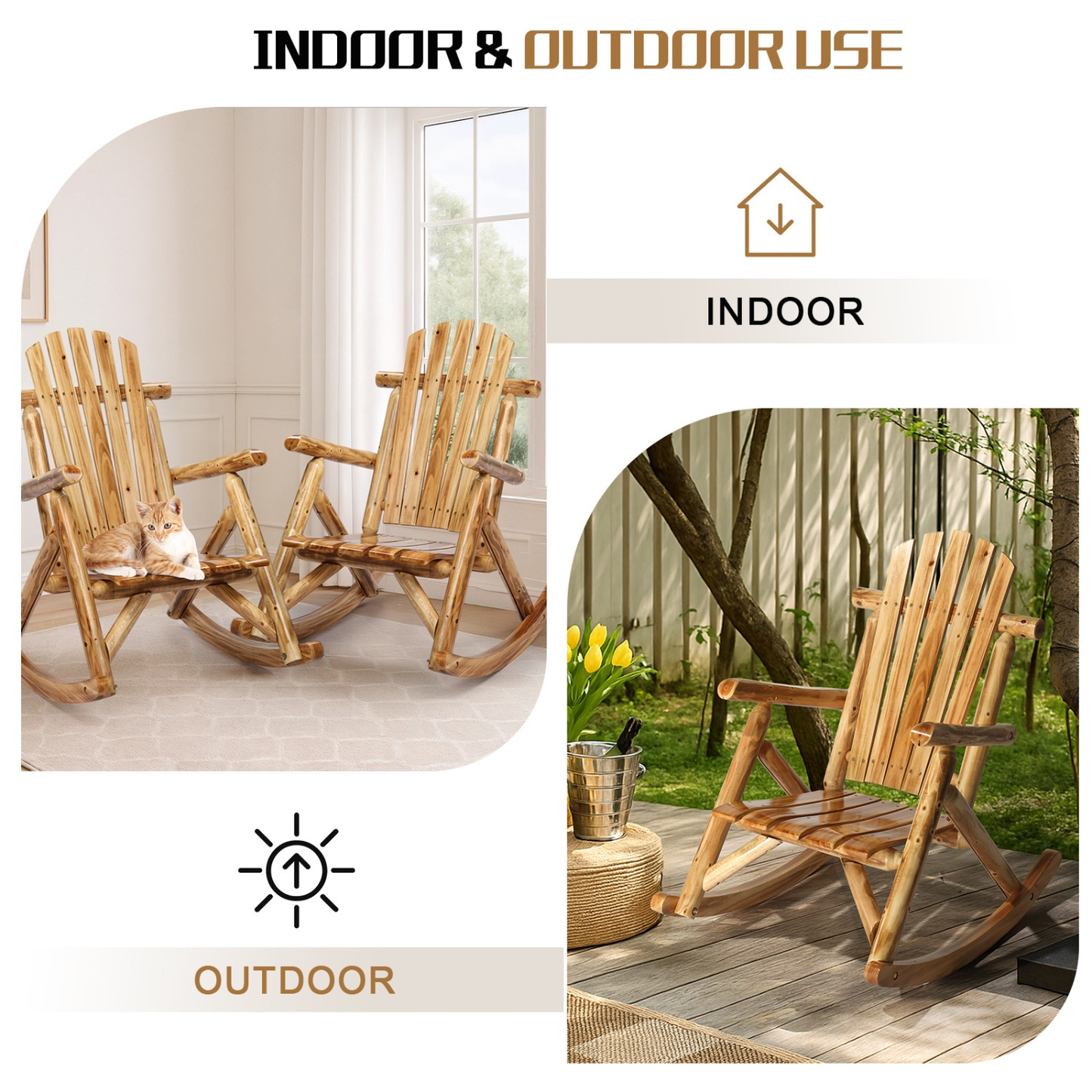 Patio Cedar Rocking Chair 26" Fan-Shaped Backrest Outdoor Rocker for Garden Poolside Patio