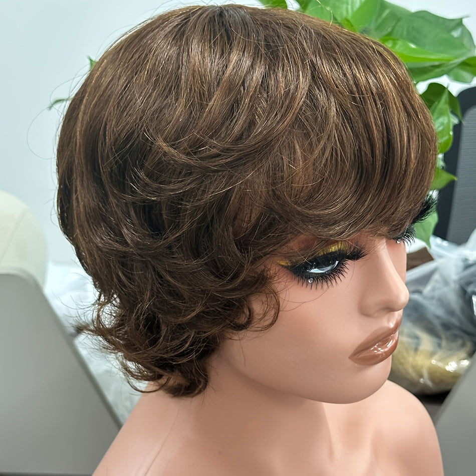 Pixie Cut Wig Human Hair with Bangs Glueless Short Brazilian Layered Machine Made Throw-On-and-Go Hairpiece Natural Black 1B Medium Brown #4