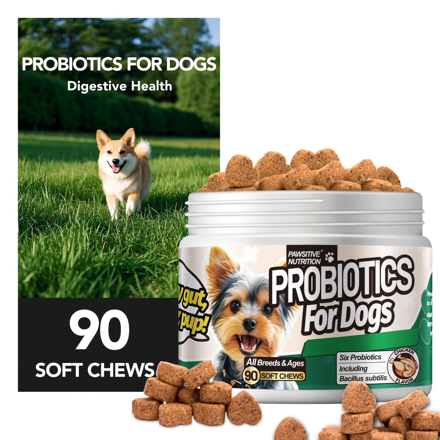 Dog Probiotic Supplement 6 Billion CFU with Prebiotic – 90 Chicken Flavor Chews for Itching Skin Relief, Digestive & Immune Health