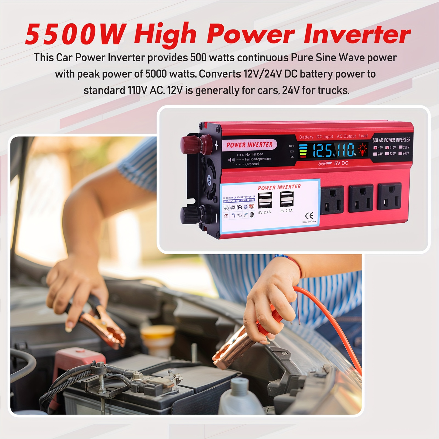 DC to AC Inverter 4000W 5500W 6500W 16000W Peak DC 12V to AC 110V High Power Car Inverter with USB Ports for Garden, Patio and Yard Use