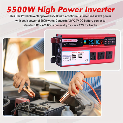 DC to AC Inverter 4000W 5500W 6500W 16000W Peak DC 12V to AC 110V High Power Car Inverter with USB Ports for Garden, Patio and Yard Use