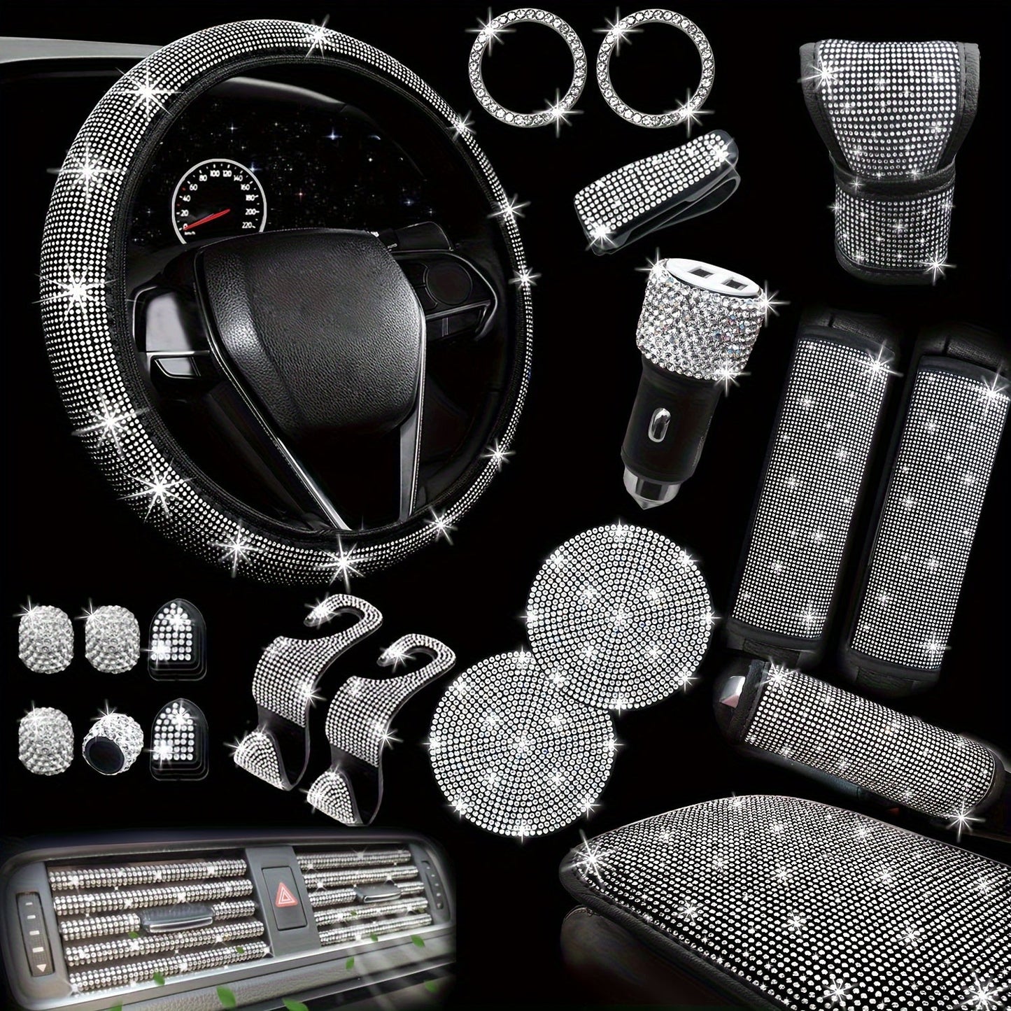 30-Piece Bling Car Interior Accessories Set with 15-Inch Steering Wheel Cover, Seat Belt Pads and Trim