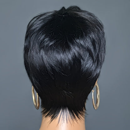 Layered Pixie-Cut Human Hair Wig with Bangs, Full Black Cap and Short 6-Inch Layered Hair Style