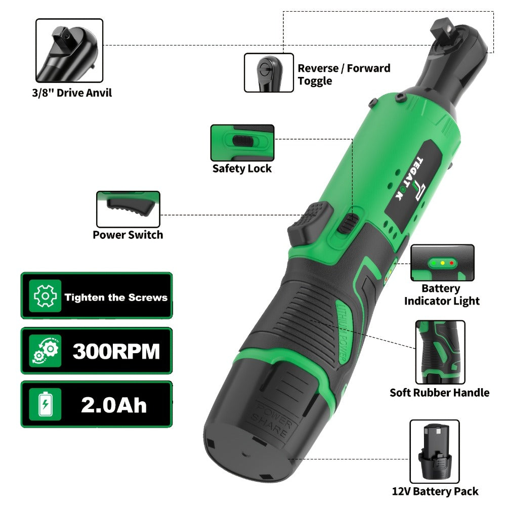 12V Cordless Ratchet Wrench Set 3/8" Drive, 40 Ft-lbs Torque, Variable Speed Trigger, Lithium-Ion Battery