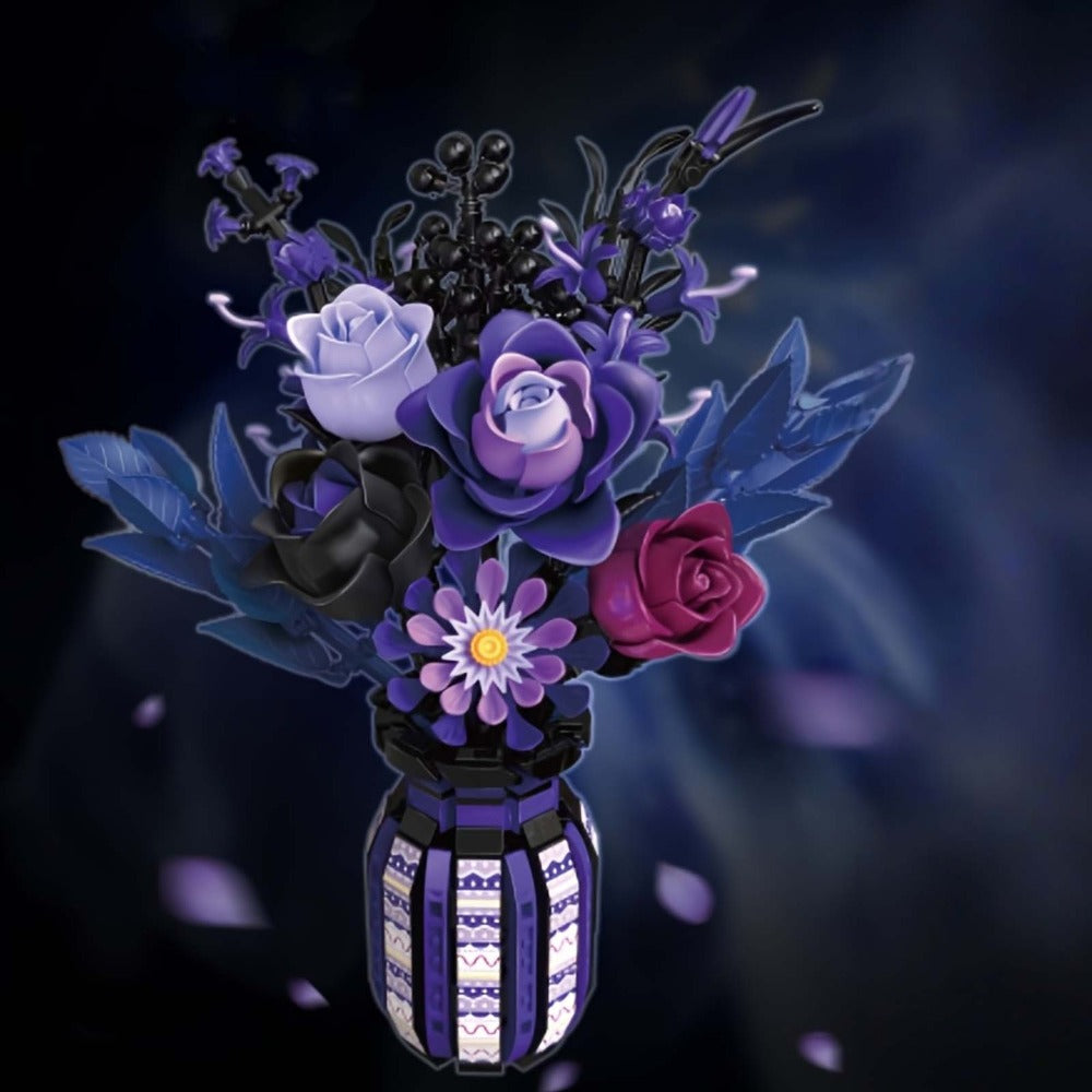 1218-Piece Gothic Flower Bouquet Building Block Model with Mixed-Color Blooms and Brick-Built Vase