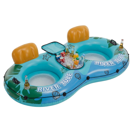 Inflatable Pool Float Bed with Detachable Cooler – Heavy Duty Double Adult Lounge Raft with Cup Holders for Swimming Pool, River & Lake