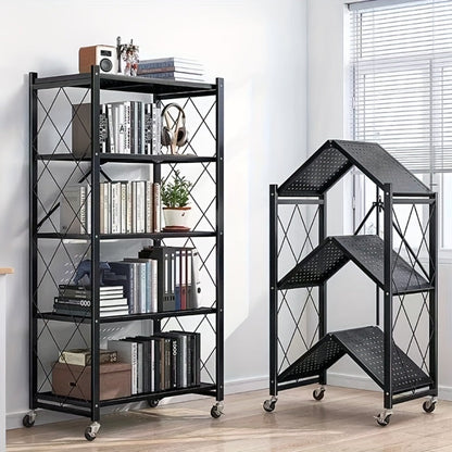 Three-to-Five-Tier Wheeled Storage Rack with Foldable Shelves and Black or White Configurations