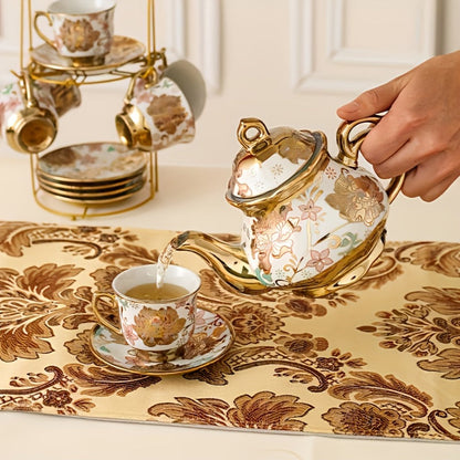 20-Piece Floral Ceramic Tea Set with Saucers & Metal Stand, European Afternoon Tea Service, Blooming Design