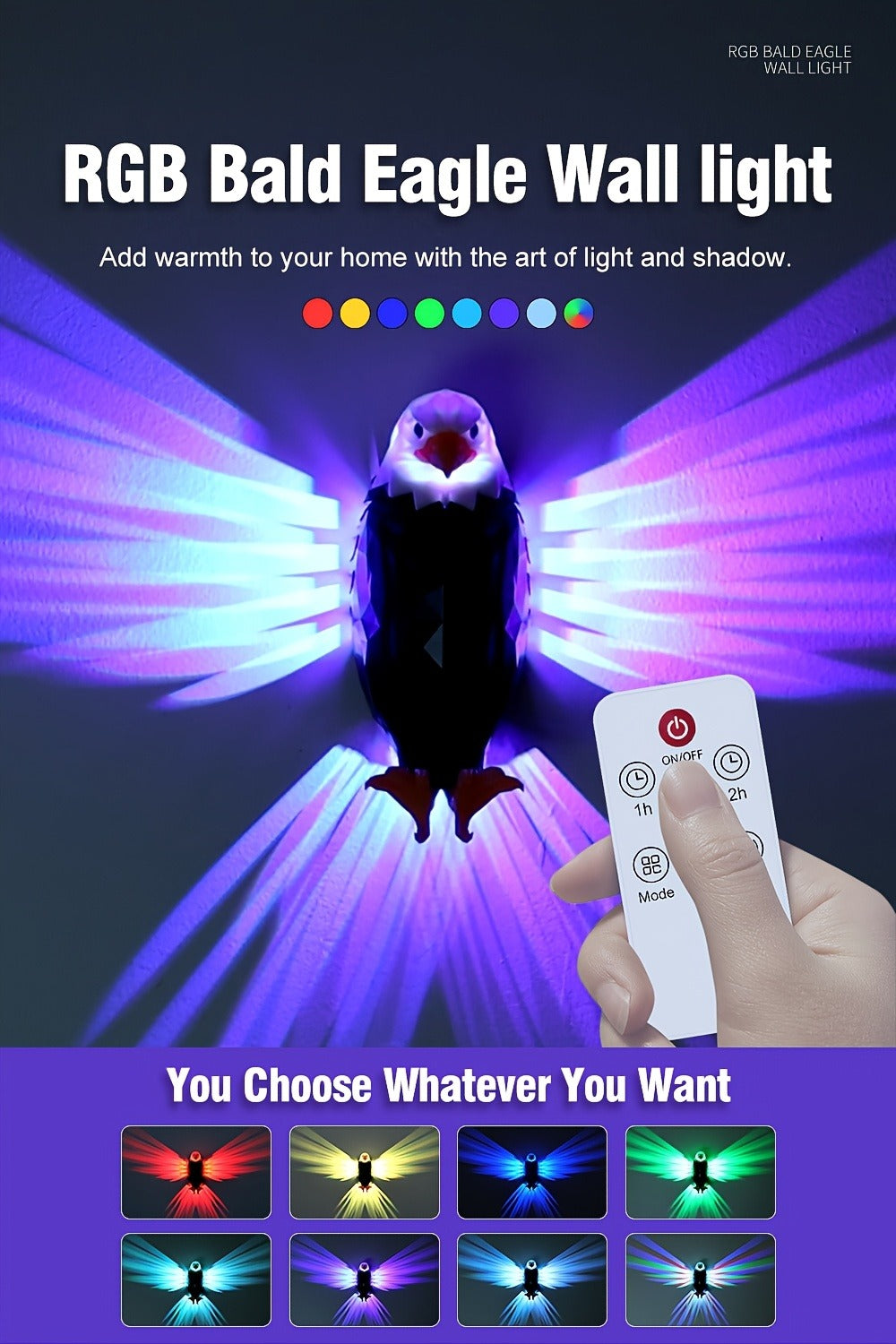 Eagle LED Wall Lamp, Colorful Ambient Night Light with Motion Sensor, Rechargeable Battery