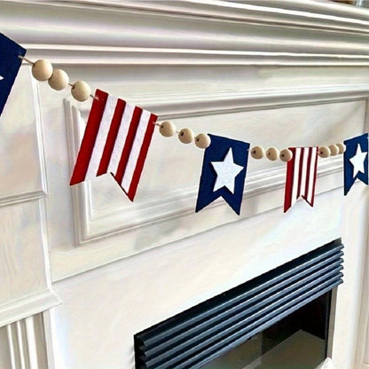 Patriotic Bunting Flags with Wood Bead Garland – 4th of July Red White Blue Hanging Banner Decor for Independence Day Party