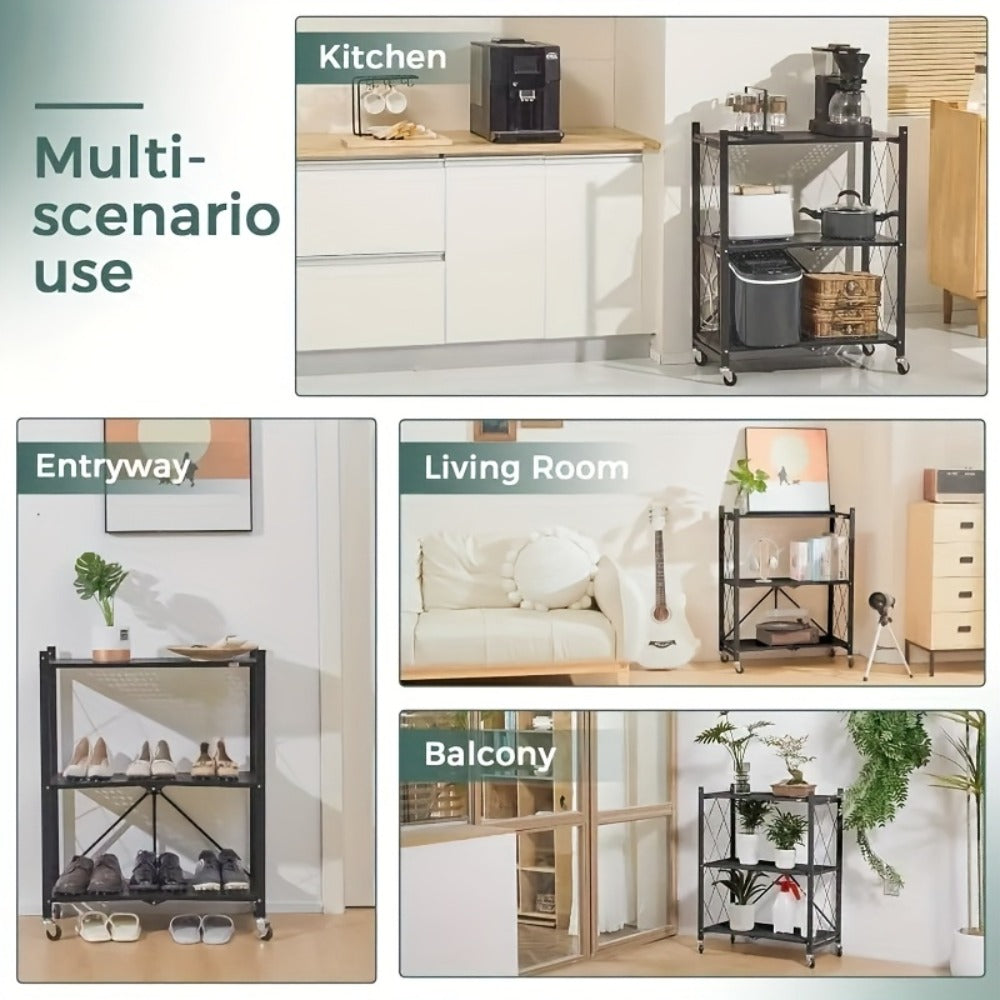 Heavy Duty Storage Rack with Wheels 3-Layer Foldable Metal Shelving Unit 750 LBS Capacity, Rolling Utility Cart for Garage Kitchen Pantry