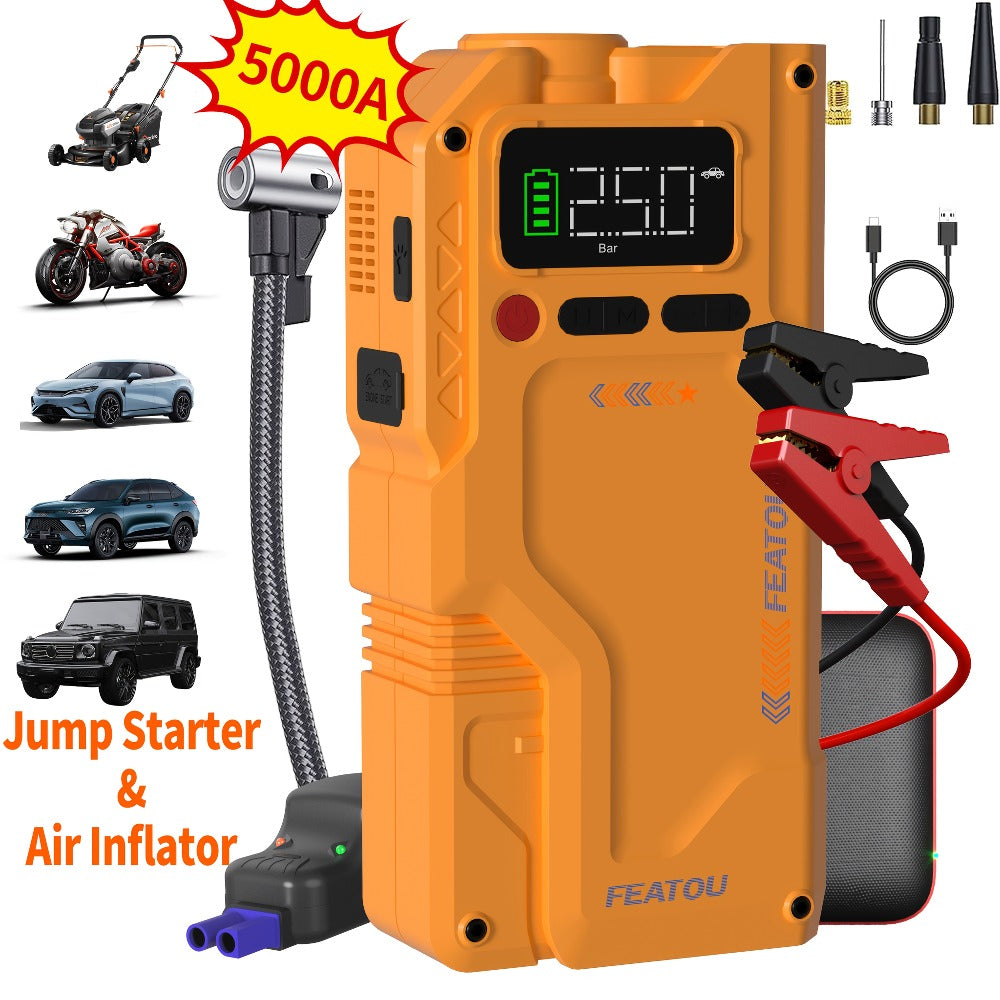 Jump Starter with Air Compressor 5000A/7000A Peak – 150PSI Digital Tire Inflator, Portable Battery Pack for 10L Gas & Diesel