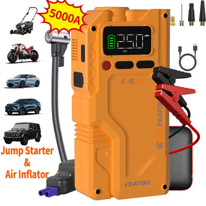 Jump Starter with Air Compressor 5000A/7000A Peak – 150PSI Digital Tire Inflator, Portable Battery Pack for 10L Gas & Diesel