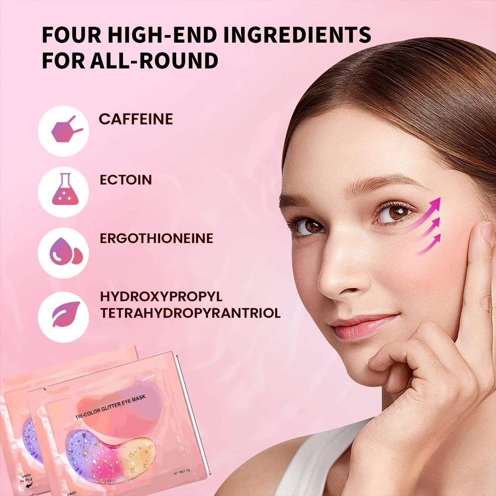 Tri-Color Glitter Under-Eye Mask Set with 24 Pairs of Individually Packed Pink, Gold and Green Gel Patches