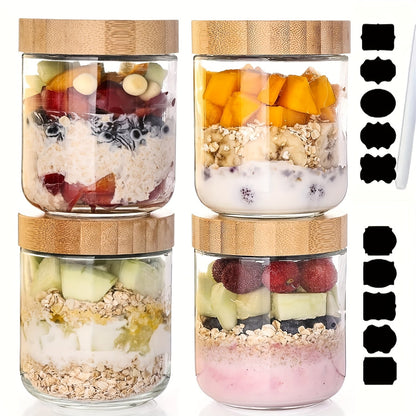 Glass Jar Food Storage Organizer with Bamboo Lids, Wide Mouths, Four-Pack 16oz or Six-Pack Spoon Sets