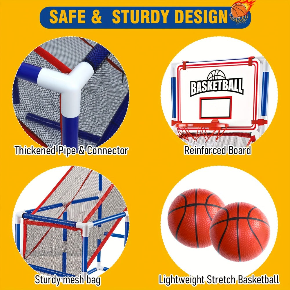 Kids Arcade Basketball Game Set with Hoop & 4 Soft Balls – Indoor Outdoor Sport Play for Ages 3+, Thick PVC Frame