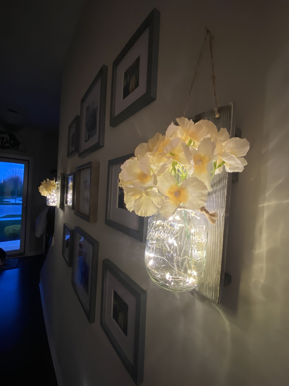 Mason Jar Wall Sconces Set of 2 – Rustic Farmhouse Wall Decor with Ivory Hydrangea Flowers