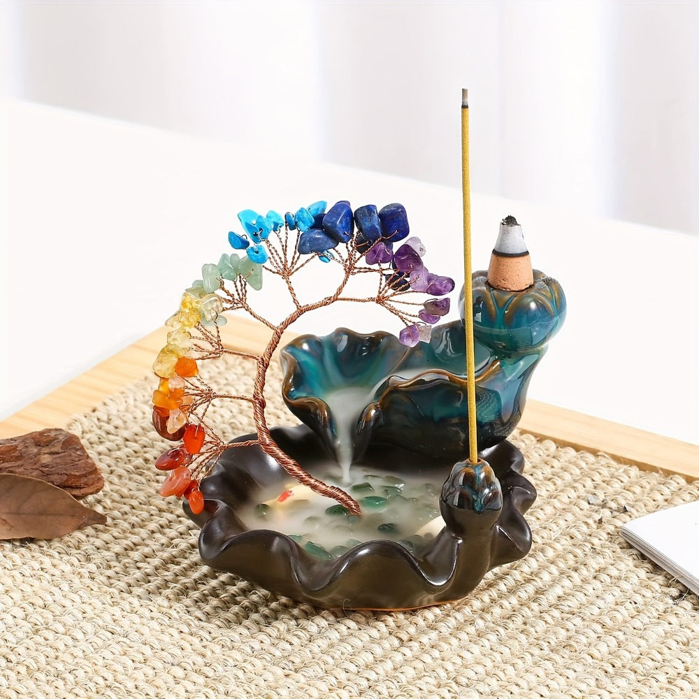 Backflow Incense Burner Crystal Money Tree Waterfall Smoke Incense Holder Ceramic Cone Stick for Entryways, Bedrooms and Living Spaces