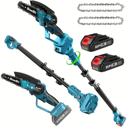 Blue 6-Inch Cordless Pole Saw with 2.0Ah Battery Label, 4.6–10 Foot Extension and Two Package Options