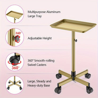 6-Color Premium Aluminum Salon Rolling Tray on Wheels – Adjustable Height Hairdresser Cart, Tattoo Tray, Spa Service Trolley for Nail Tech