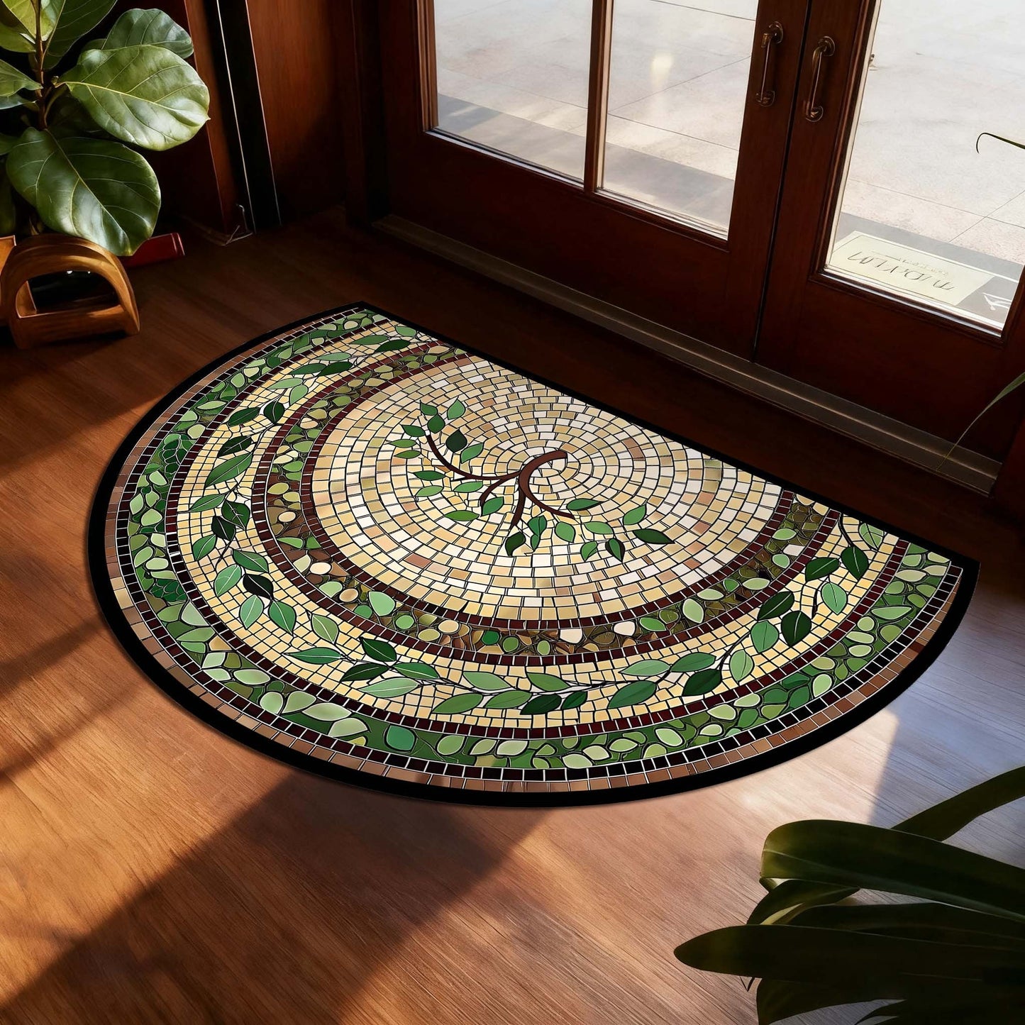 Non-Slip Bathroom Rug Semicircle Bath Mat, Crystal Velvet Soft Absorbent Floor Mat, Vintage Mosaic Vine Pattern