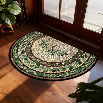 Non-Slip Bathroom Rug Semicircle Bath Mat, Crystal Velvet Soft Absorbent Floor Mat, Vintage Mosaic Vine Pattern
