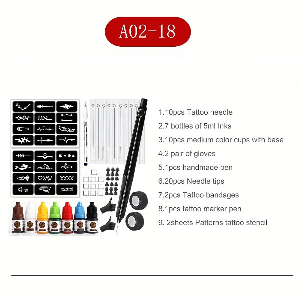 Stick and Poke Tattoo Kit - DIY Manual Tattoo Pen Hand Tool Set with 7 Color Inks, Needles