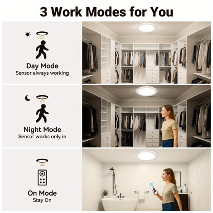 Rechargeable LED Ceiling Light with Motion Sensor, Remote Control Dimmable, 3 Color Temps 3000K/4500K/6500K
