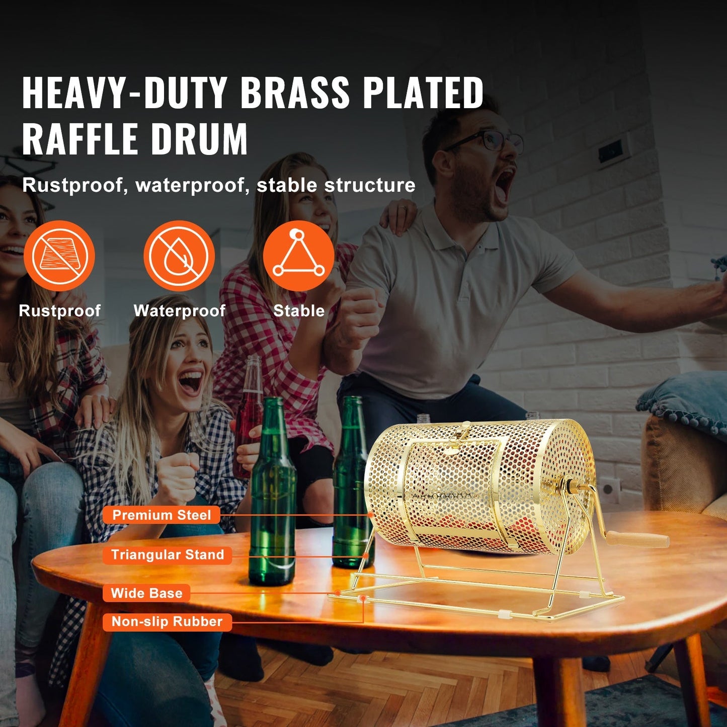 Raffle Drum Spinning Cage 12 Inch – Brass Plated Metal Lottery Ticket Drum with Wooden Handle, Holds 2500 Tickets or 100 Ping Pong Balls