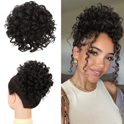 Drawstring Messy Bun Hair Extension 80g Curly Ponytail Voluminous Loose Bun Hairpiece for Women Thinning Hair Natural Look Black Brown