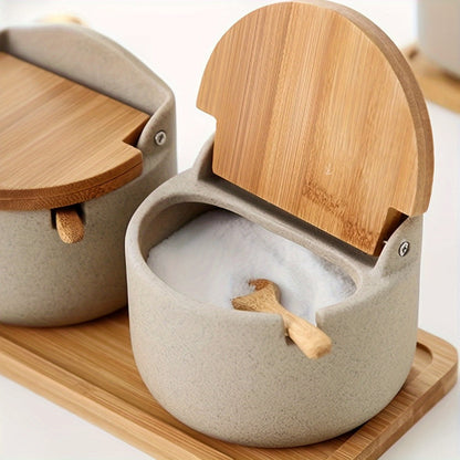 Ceramic Seasoning Pot Set with Lid & Spoon – Salt Pepper Spice Jar Container with Tray Kitchen Condiment Storage Organizer for Counter