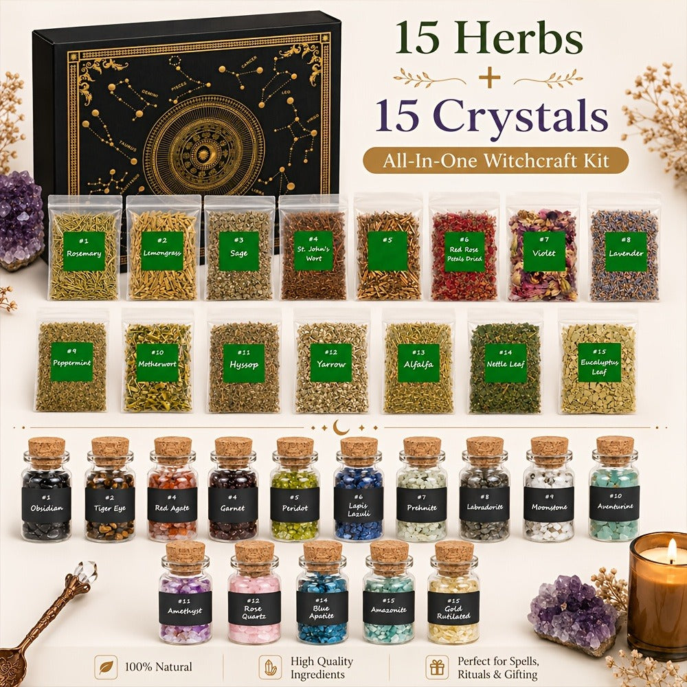 60pcs Witchcraft Supplies Kit for Beginners, Wiccan Supplies & Tools with Crystals, Candles