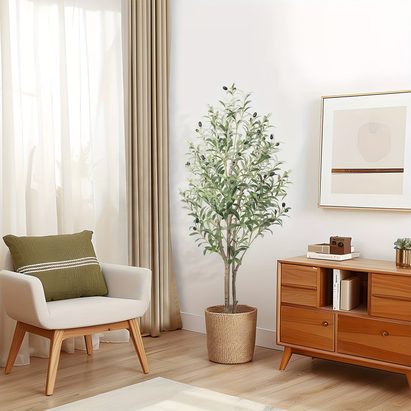 Full-Canopy Artificial Olive Tree with 4, 5, 6 or 7 ft Height Options, Decorative Fruit and Potted Base