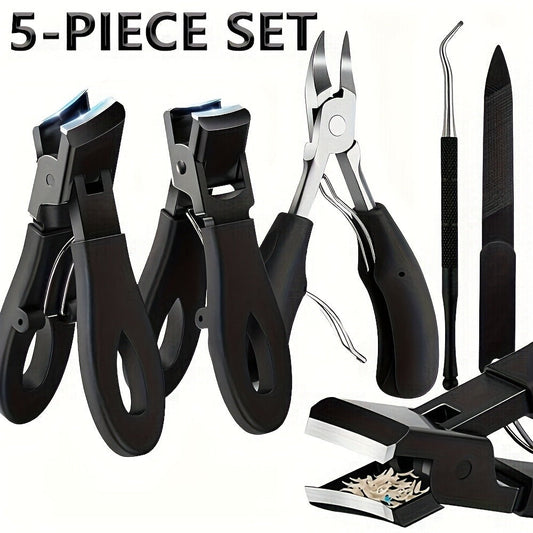 Wide-Jaw Nail Clipper Set, Five-Piece Black-Handle Kit with Straight, Concave and 45-Degree Slanted Tools